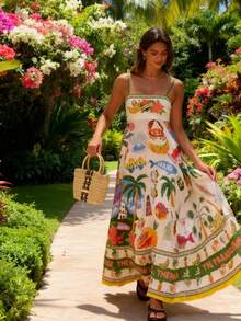 热带印花无袖连衣裙，度假休闲