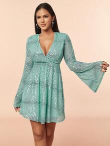 D&M 波浪纹亮片深V领喇叭宽松长袖女士派对连衣裙