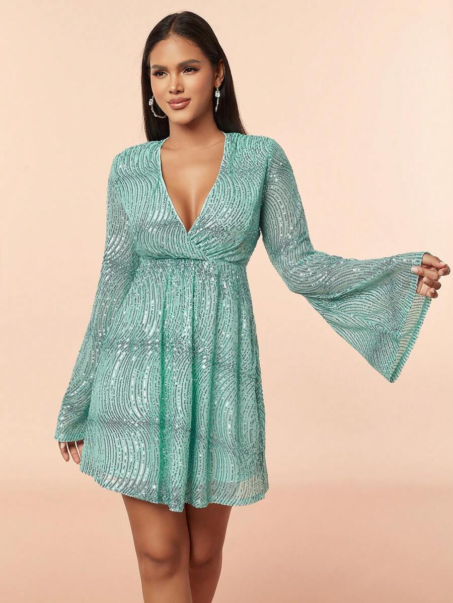 D&M 波浪纹亮片深V领喇叭宽松长袖女士派对连衣裙