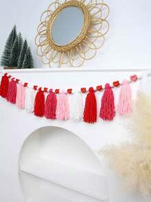 1pc Boho Style Valentine'S Day Heart Garland - Red, Pink, White Fabric Tassel Banner, Romantic Wall Hanging Decor, Multipurpose No-Electricity Festive Ornament For Home Atmosphere, Ideal Gift For Valentine'S Day