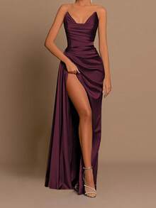 Onicee 夏季连衣裙，酒红色，时尚纯色优雅系腰缎开衩派对连衣裙，适合情人节、约会、聚会、派对、旅行、度假、海滩等场合。 - 酒紅色 - 查看 3