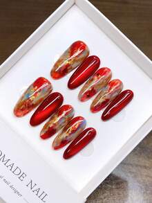 纯手工制作可佩戴美甲片，椭圆形；手绘油画敦煌红新年美甲，个性化秋冬美甲，简约设计，全覆盖假指甲，Y2K美甲，独特小众创意假指甲，日常美甲，现代风格美甲，可拆卸可重复使用。美甲用品，手工按压式美甲片 - 彩色 - 查看 14