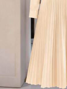 女士优雅褶裥连衣裙，纽扣腰身设计，长袖衬衫式连衣裙（不含腰带），适合秋冬季节穿着 - 杏色 - 查看 5