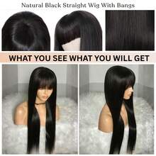 30 Inch Long Straight Wig With Bangs Human Hair Blended 200% Density Non Lace Front Wig Blended Hair Put On And Go Glueless Wig Natural Black Color Blended Hair Full Machine Bangs Wig Mixed Blended Hair For Fashion Women Daily School Wear Use - 自然色&黑色系 - 查看 8