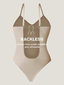 1pc Plus Size Women Slimming Backless Seamless Bodysuit, Sexy One-Piece Lingerie Shapewear For Summer, Under Dress - Apricot - View 5