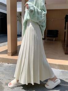百搭柔软褶皱A字裙，高腰，飘逸，厚面料，2025秋冬新品 - 米色 - 查看 5