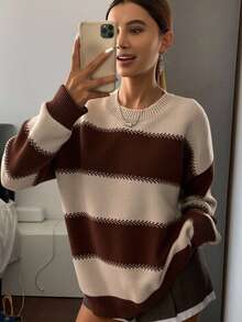 Livesso 女士条纹宽松长袖圆领毛衣，长袖上衣，秋季女装 - 棕色 - 查看 4