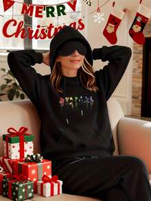 Christmas And Thanksgiving Women's Autumn/Winter Collection Bright Wildflower Pattern Print Suitable For Spring And Summer Wear - Women's Hooded Sweatshirt Long Sleeve Letter Print Drawstring Hoodie - Soft, Casual, Long Sleeve, Kangaroo Pocket, Loose Fit Women's Sweatshirt - Fashionable Clothing, Machine Washable, Autumn And Winter Fleece Warm Lining Soft And Comfortable Autumn And Winter Women's Clothing - 黑色 - 查看 2