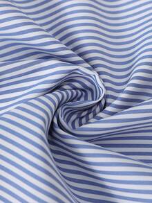 1pc Striped Patchwork Contrast Color Ribbed Button Women Blouse, Daily Wear, Spring/Autumn, White, Black, Blue, Pink, Green, Yellow - Navy Blue - View 8