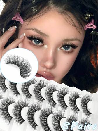 8对蓬松仿貂毛假睫毛 3D猫眼纤长浓密假睫毛套装 漫画风格假睫毛多包装