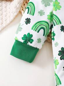 1pc Baby Boys' Green Four-Leaf Clover Print Hooded Front Snap Closure Romper + Hat Set - Green - View 5