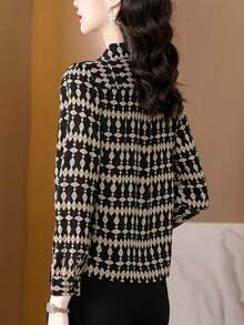 YUXIN 女士春夏复古几何印花衬衫，翻领长袖，日常通勤/轻度社交场合，透气修身时尚休闲上衣，黑色 - 黑色 - 查看 10