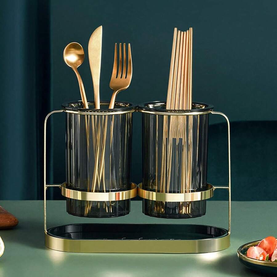 Soporte para secar palillos de hierro PET transparente con doble drenaje para la cocina - Dorado - Ver 1
