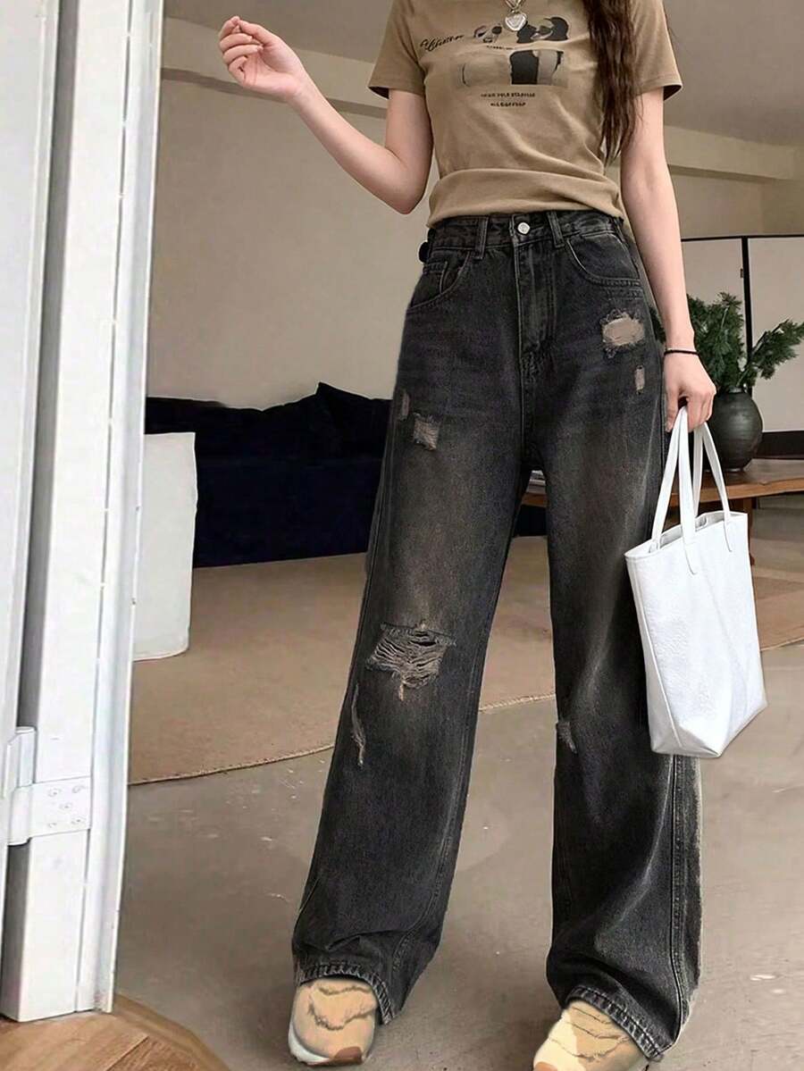 小個女款復古做舊寬鬆直筒牛仔褲,修飾身形且百搭休閒 - 灰色 - 查看 1
