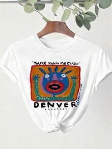 女士疯狂怪物图案 T 恤 - 休闲街头 T 恤，亮色印花，圆领，夏季上衣 - 白色 - 查看 3