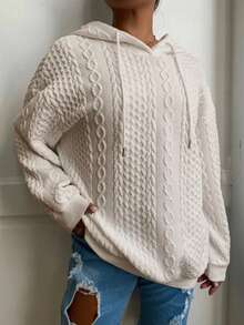 Áo sweatshirt dài tay dệt kim jacquard màu trơn dáng rộng thoải mái dành cho nữ cỡ lớn, thích hợp cho mùa xuân. - Màu be - Xem 4
