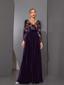 Mgiacy 優雅奢華女款亮面中腰收腰長袖天鵝絨喇叭長洋裝，適合婚禮、派對與假期 - 紫色 - 查看 1