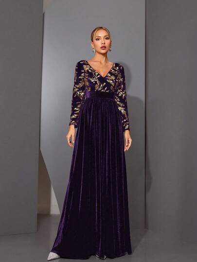 Mgiacy, A Luxurious, Shimmering Mid-Rise, Gathered-Waist, Long-Sleeved, Velvet, Flared Maxi Dress