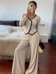 Livesso 女士撞色针织上衣和阔腿裤两件套，秋季家居服套装 - 杏色 - 查看 1