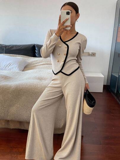 Livesso 女士撞色针织上衣和阔腿裤两件套，秋季家居服套装