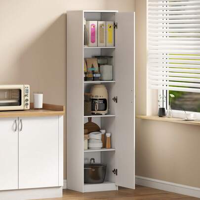  HOMCOM Credenza Cucina Alta Slim 180 cm, Mobile Dispensa a 5 Ripiani con Anta Soft Close, Antiribaltamento, Ripiani Regolabili, Mobile Cucina Salvaspazio Moderno, per Sala da Pranzo Soggiorno, Bianco