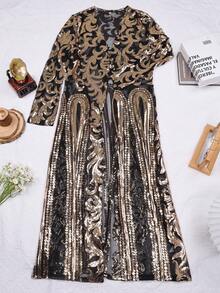 复古几何图案亮片网纱开衫