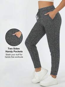 大码女式紧身瑜伽裤，黑色柔软弹力休闲裤，适合春、夏、秋季通勤，修身剪裁带口袋，时尚运动服 - 深灰色 - 查看 7