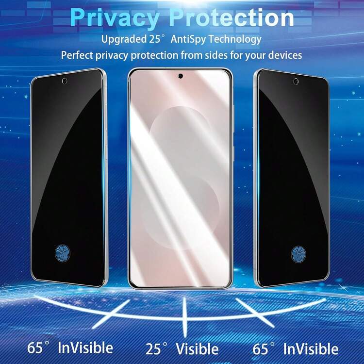 XINHONGYU 适用于三星Galaxy S系列的2片装隐私屏幕保护膜，支持0.2秒指纹解锁，兼容三星Galaxy S25 Ultra/S25+/S25/S24 Ultra/24 Plus/24/23/22/21，25°防窥钢化玻璃，全屏覆盖，防指纹，防摔，防刮花，无气泡，是生日、送给家人、朋友的绝佳礼物，手机屏幕保护膜，手机配件 - 黑色 - 查看 2