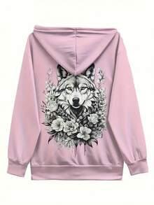 Women's Plus Size Full-Body 3D White Tiger Print Hooded Jacket With Zipper - Stretchy Wild & Animal Costume For Spring/Fall, Casual Outerwear (Machine Washable) - Hooded Zipper For Easy Wear - 桃 - 查看 3