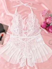 女士蕾丝连体衣 - 性感露裆内衣，白色春季款 - 白色 - 查看 3