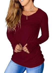 Women's Long Sleeve Ruched Casual Top - Soft Stretchy | Crew Neck, Long Sleeve, Side Ruched Detail, Comfort Fabric, Slim-Fit Silhouette - New Year Daily & Athletic Outings, Fall Winter Versatile Wear - 酒紅色 - 查看 4
