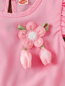 2pcs/Set, Girls Cute Floral Decor Patchwork Ruffle Hem Top With Round Neck And Flutter Sleeves + Comfortable Loose Pants, Suitable For Girls Daily Or Outdoor Wear, Spring/Summer - Pink - View 3