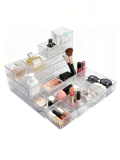 1/4/7/10 Pieces Of Transparent Drawer Storage, Stackable In 4 Sizes, Transparent Desktop Cosmetic Storage Container Tray, Bathroom Vanity Storage Box, Used For Storing Cosmetics, Jewelry, Office Supplies, Kitchen Utensils (Transparent Stripes)
