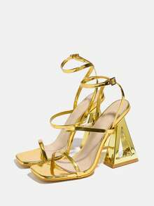 Square Toe High Heel Sandals, Chunky Heel, Elegant & Comfortable, Casual Buckle Strap Open Toe Breathable Asymmetric Heel Party Wedding Dress Sandals - 金色 - 查看 4