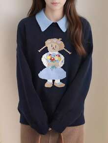 Women's Autumn/Winter Pullover Sweater, Colorblock Collar, Graphic Design - Navy Blue - View 3