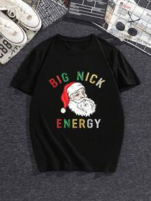 Camiseta Divertida de Nick Energy Grande para Hombre| Impresión gráfica de Santa Claus y Sra. Claus, negro con letras blancas, conjunto casual para fiesta de Navidad, camiseta de manga corta con cuello redondo para regalos navideños y uso durante todo el año, para todas las estaciones, cuello redondo, ajuste regular - Negro - Ver 1