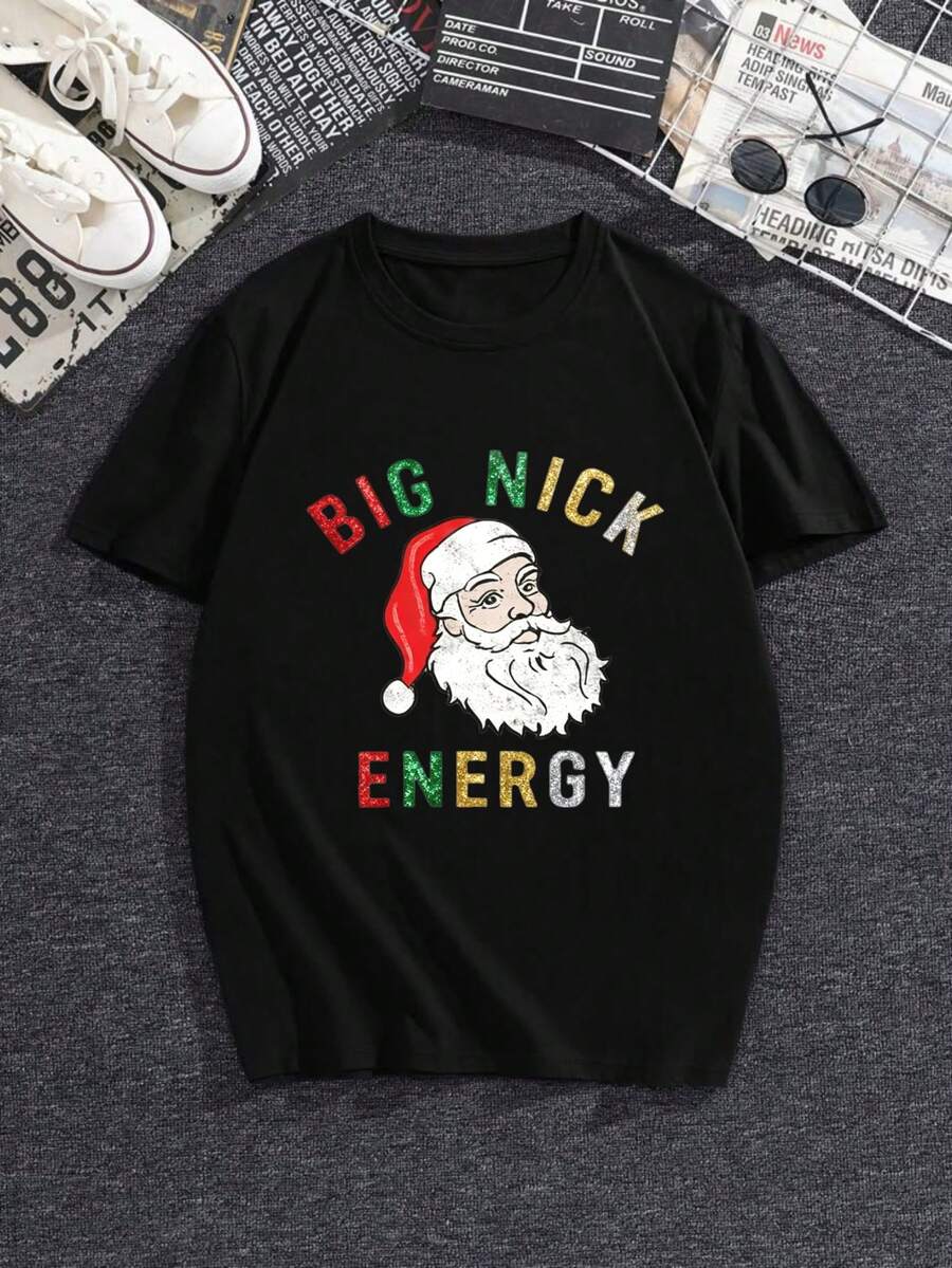 Camiseta Divertida de Nick Energy Grande para Hombre| Impresión gráfica de Santa Claus y Sra. Claus, negro con letras blancas, conjunto casual para fiesta de Navidad, camiseta de manga corta con cuello redondo para regalos navideños y uso durante todo el año, para todas las estaciones, cuello redondo, ajuste regular - Negro - Ver 1