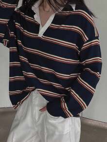 DAZY Áo thun tay dài kẻ sọc khối màu dáng rộng dành cho nữ, áo chui đầu thường ngày cho mùa xuân/hè, quần áo mùa thu - Màu xanh hải quân - Xem 1