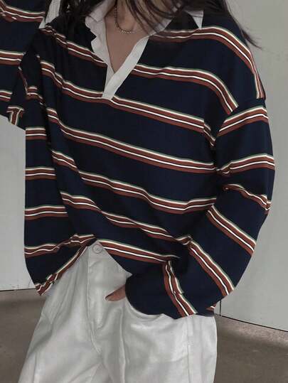 DAZY 女士宽松撞色条纹长袖T恤，休闲套头衫，适合春夏秋季穿着