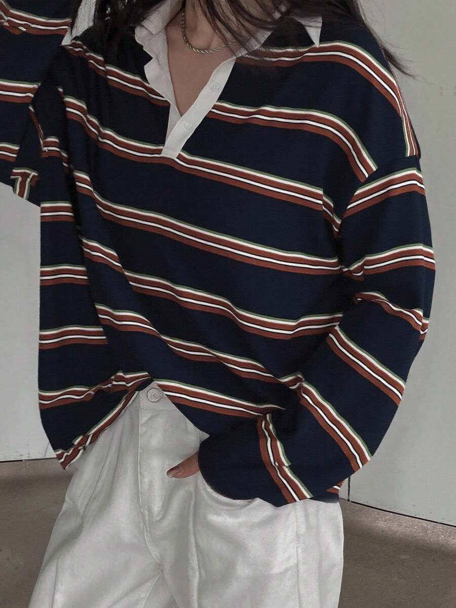DAZY Áo thun tay dài kẻ sọc khối màu dáng rộng dành cho nữ, áo chui đầu thường ngày cho mùa xuân/hè, quần áo mùa thu - Màu xanh hải quân - Xem 1