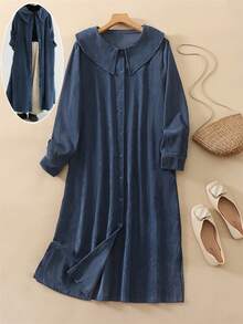 大码女式复古灯芯绒翻领宽松单排扣长袖连衣裙开衫，冬季服装，女士冬季外套