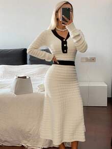 Livesso Đầm len phối màu thanh lịch dành cho nữ, đầm maxi mùa thu. - Màu be - Xem 1