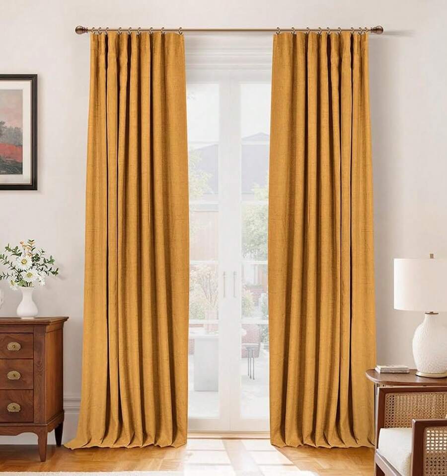 % Blackout Curtains Bedroom, 84 Inch Long Blackout Curtains, Clip Rings Linen Drapes, Thermal Insulated Room Darkening Living Room, 2 Panels - Beige, W50xL84, Bedroom Decor - 芥末黃 - 查看 1