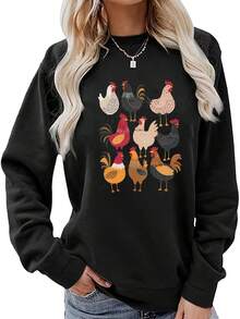 Women's Chicken Print Sweater - Soft Round Neck Long Sleeve Pullover With Farm Chicken Design, Black & Multicolor Rooster & Hen Pattern,Zy Fall Winter Sweater For Casual Casual Attire, Machine Washable Layered Outfits, Relaxed Fit Women's Fashion With Vibrant Chicken Print, Autumn/Winter Seasonal Wear, Animal-Themed Casual Sweater, Women Clothes, Sweaters For Women END - 黑色 - 查看 1