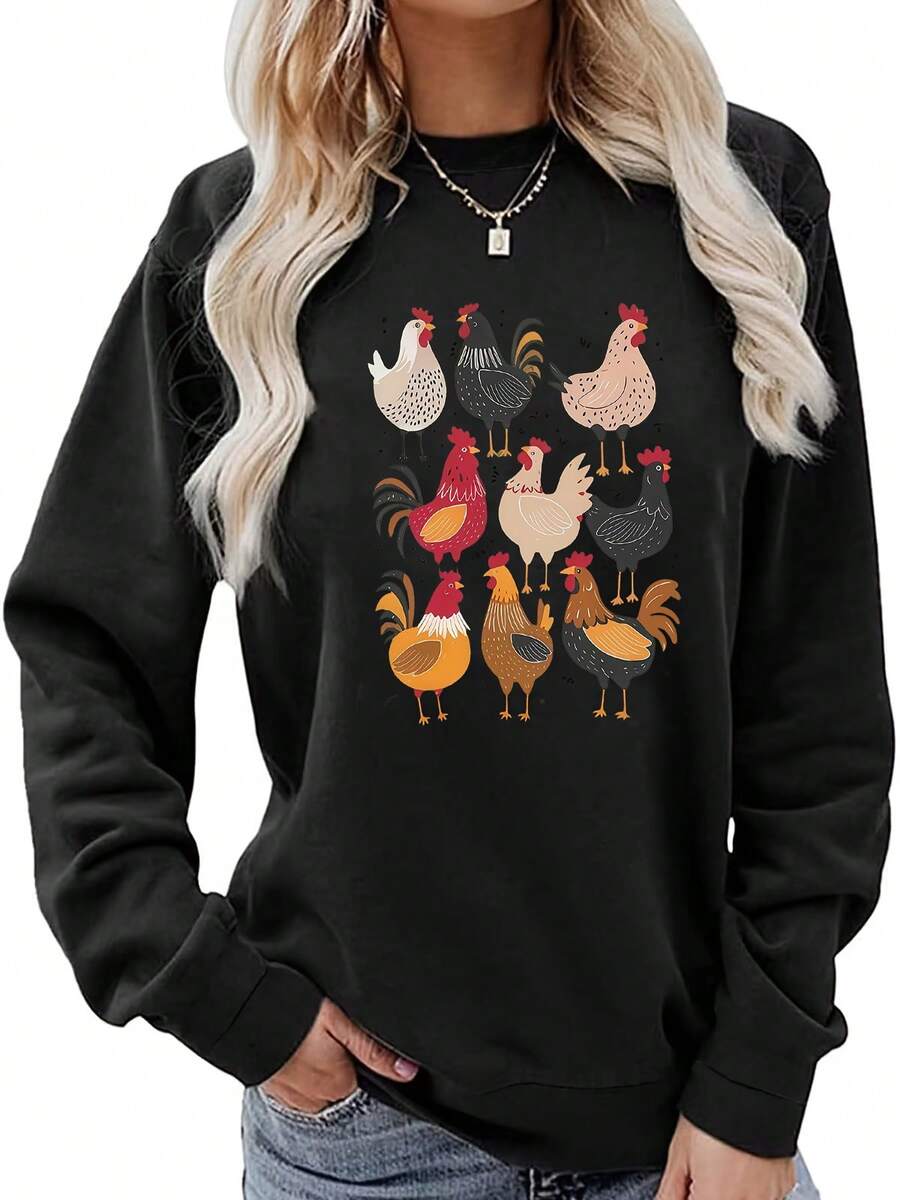 Women's Chicken Print Sweater - Soft Round Neck Long Sleeve Pullover With Farm Chicken Design, Black & Multicolor Rooster & Hen Pattern,Zy Fall Winter Sweater For Casual Casual Attire, Machine Washable Layered Outfits, Relaxed Fit Women's Fashion With Vibrant Chicken Print, Autumn/Winter Seasonal Wear, Animal-Themed Casual Sweater, Women Clothes, Sweaters For Women END - 黑色 - 查看 1