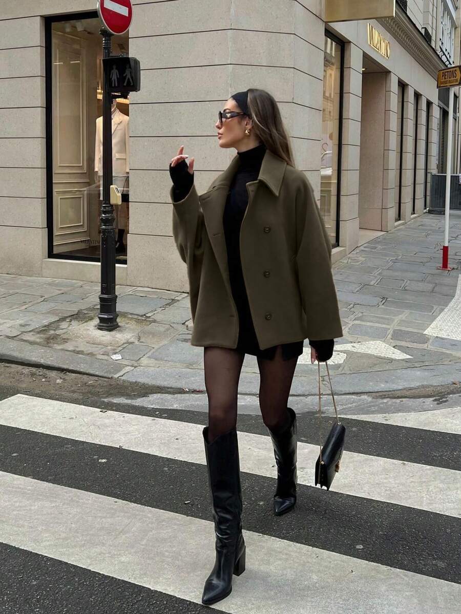 Áo khoác len pha trộn đa năng màu kaki trơn, túi cài nút phía trước dành cho nữ, có túi, thanh lịch và đa năng, phù hợp để mặc hàng ngày và dạo phố thời trang vào mùa thu/đông, công sở, thường ngày và mặc ở trường học - xanh quân đội - Xem 1