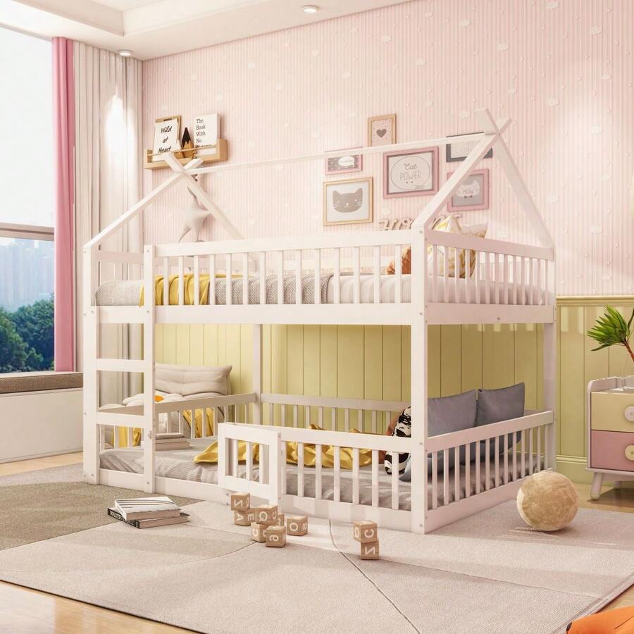 Children's Bunk Bed 140*200, Children's Bed, Bunk Bed With Ladder, Loft Design, Solid Wood Bunk Bed Frame, Grey - White + Wood + Wood - View 1