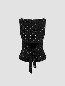 女士时尚深V领系带波点褶皱抹胸上衣休闲黑色 - 黑色 - 查看 5