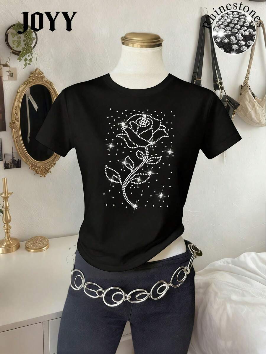 DEAR MOLLY Women'S Sparkling Diamond Flower Print Casual Crew Neck Short Sleeve T-Shirt