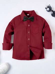 6-16岁男童长袖衬衫，婚礼正装衬衫，派对衬衫，带口袋和领带，酒红色 - 酒紅色 - 查看 1